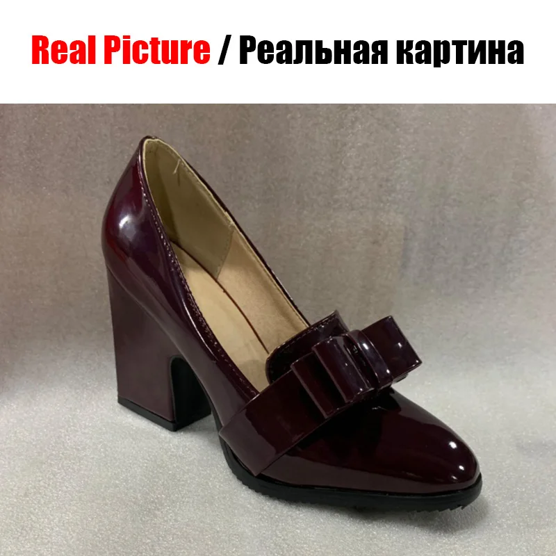 BONJOMARISA/фирменный дизайн; однотонные туфли из лакированной искусственной кожи на высоком квадратном каблуке с бантом; женские повседневные офисные туфли-лодочки; сезон весна-осень; большие размеры 33-43