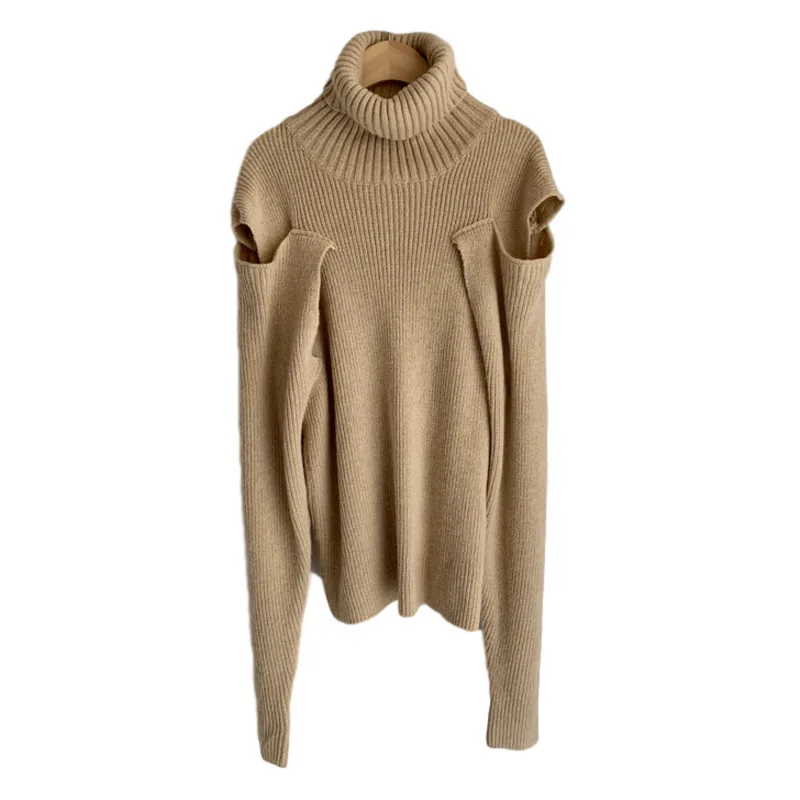 

autumn loose sweater for women fashion tide turtleneck off-shoulder Korean Chic with ruffled khaki warm new