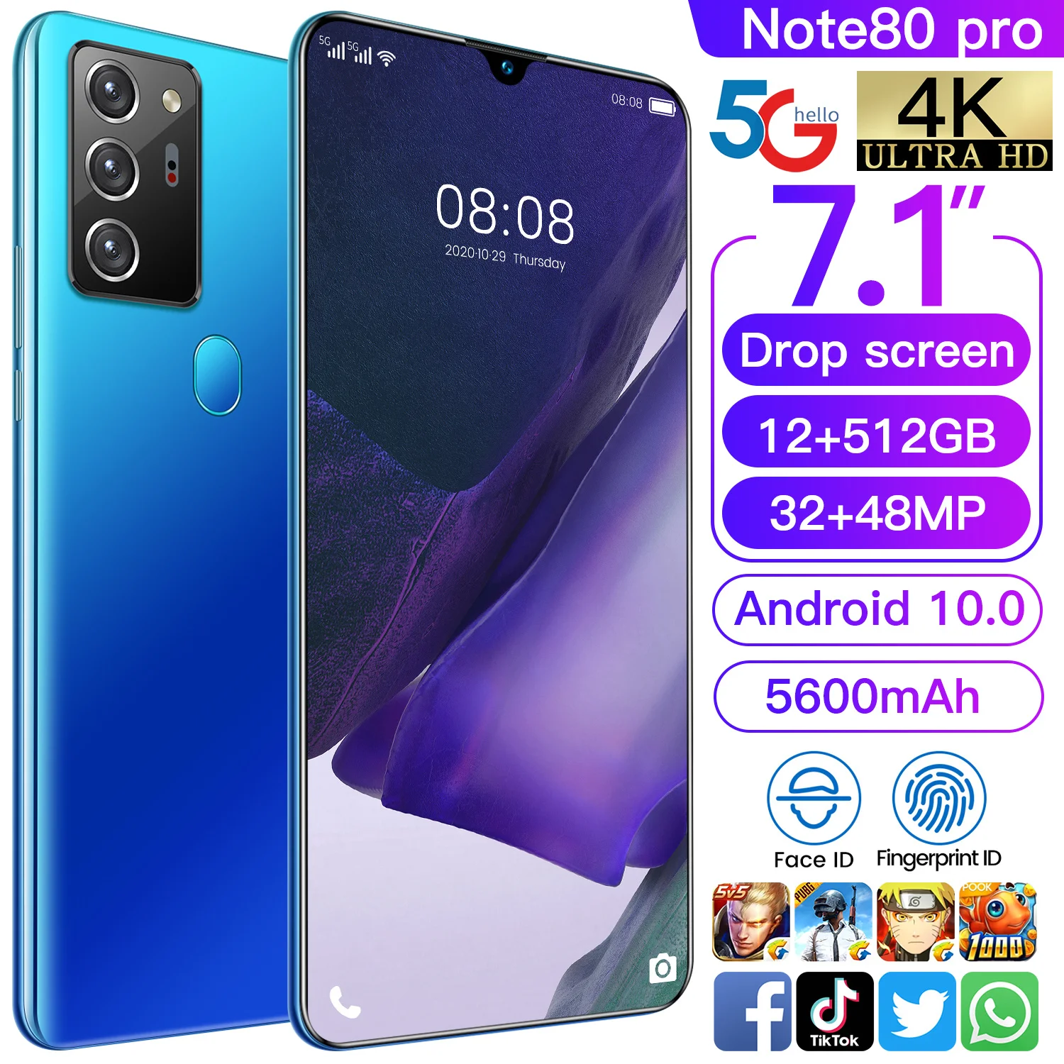 Cectdigi Note80 Pro смартфон 7 1 дюймов полный Экран 10 ядерный Процессор 5600 мА/ч 12 ГБ 512 5G