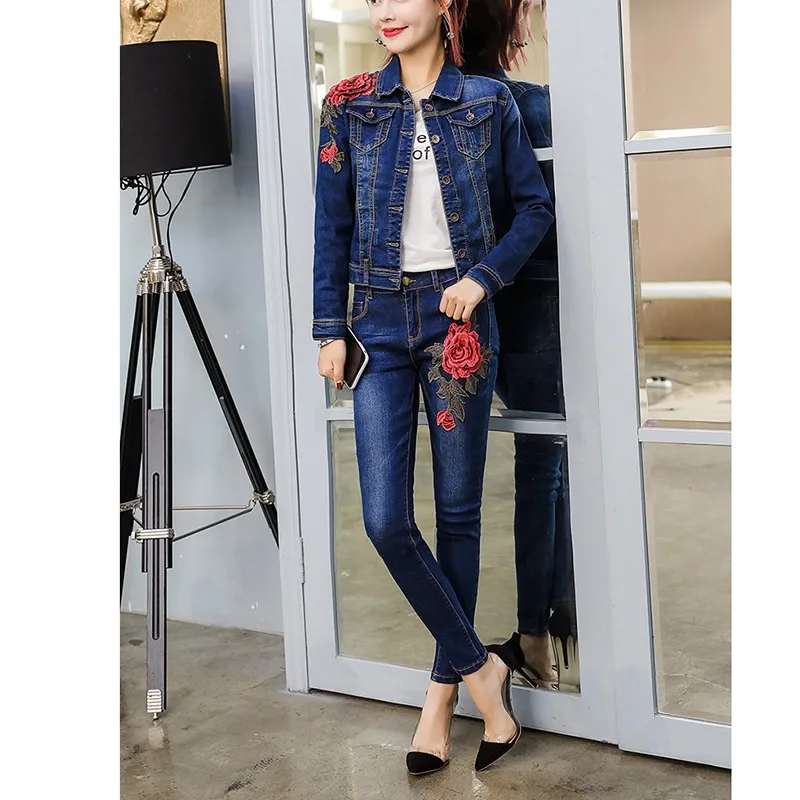 

Women Set Denim Jacket And Trousers Spring Autumn Ensemble Femme Floral Embroidery Jean Sets Stylish Streetwear Matching Outfits