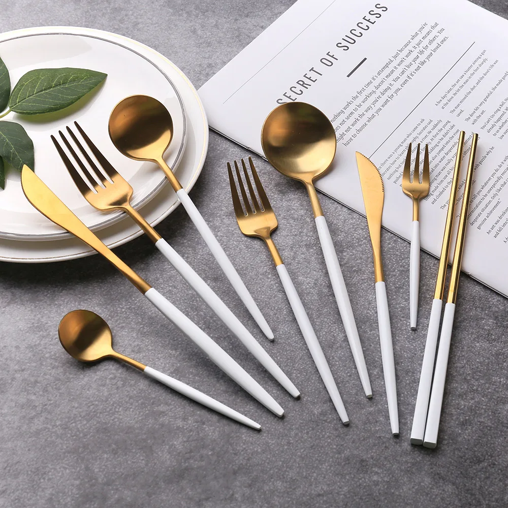 

Hot Sale ins-style White Steak Western Food Cutlery Set 304 Stainless Steel Knives Forks Spoons Chopsticks Dinnerware set