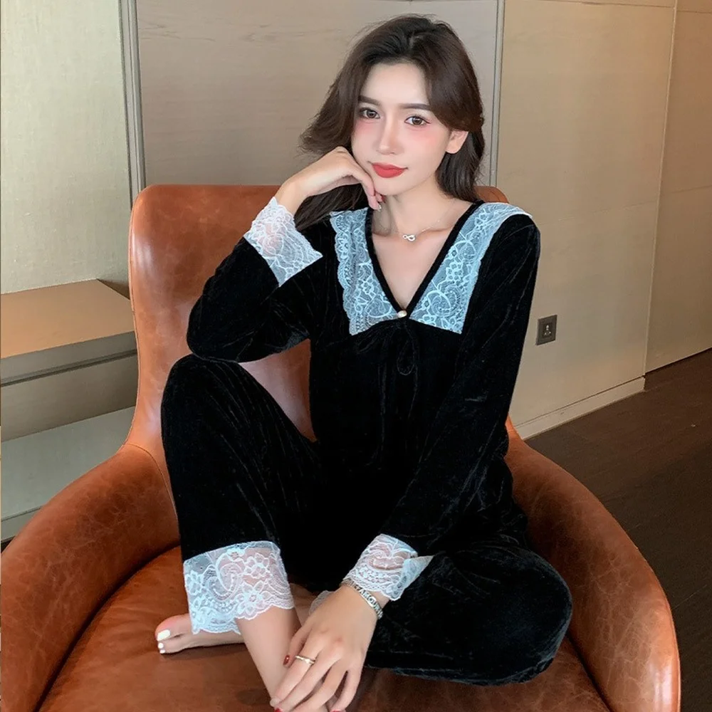 Gold Velvet Pajamas for Women Winter Long-sleeved Trousers Cute Loose Princess Home Service Suit Women's Pajamas Sets Nightwear