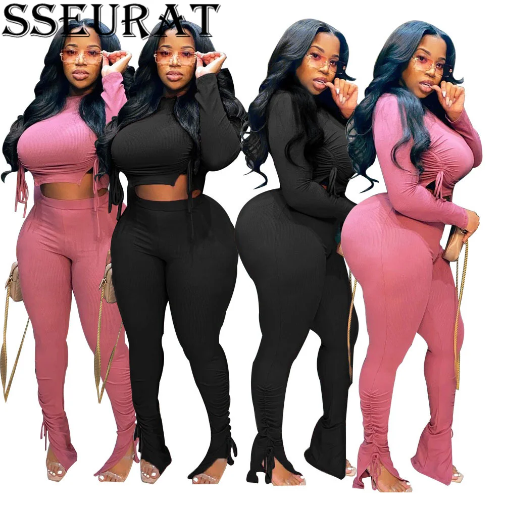 

SSEURAT Women Tracksuit Solid Crop Tops + Split Pants Two Piece Sets Fashion Outfit Joggers Sweatsuit Sportswear Autumn 2021