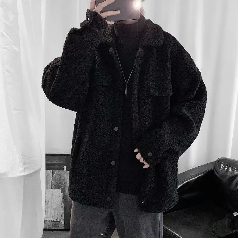 

Men Short Style Parkas Solid Turn-down Collar Single Breasted Retro Lambswool Thickening Warm Coats Fashion Loose Soft S-3XL New