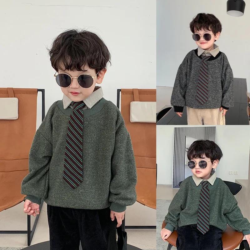 

Baby fake two pieces Plush foreign style 2020 new boys' winter heavy coat children's autumn and winter Pullover top wear 12-14