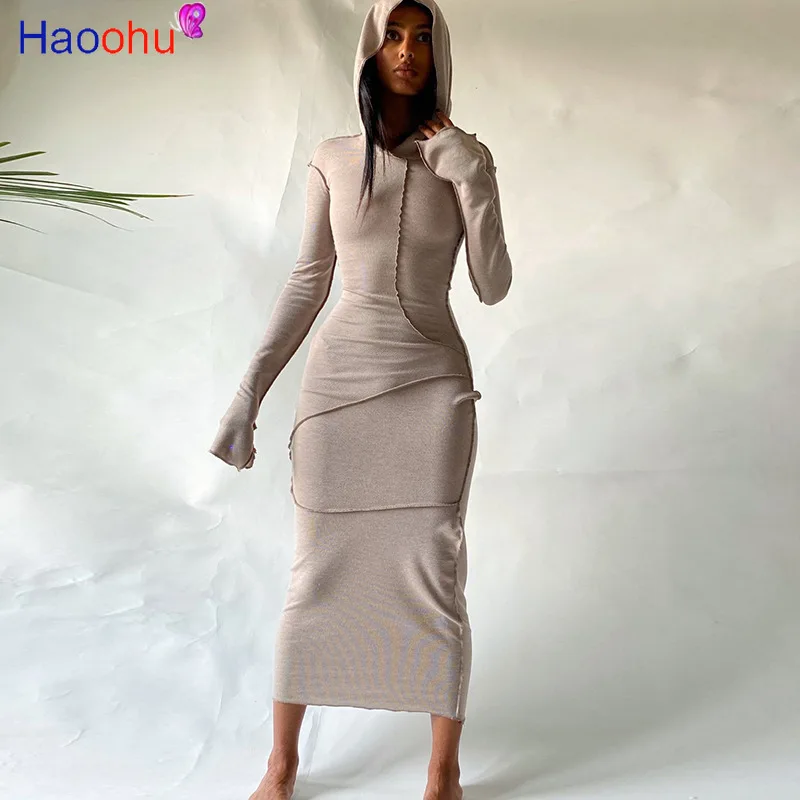 

HAOOHU Fall Winter Hooded Long Dress Women Cotton Full Sleeve Bodycon Dresses Female Streetwear Casual Skinny Vestidos Outfits