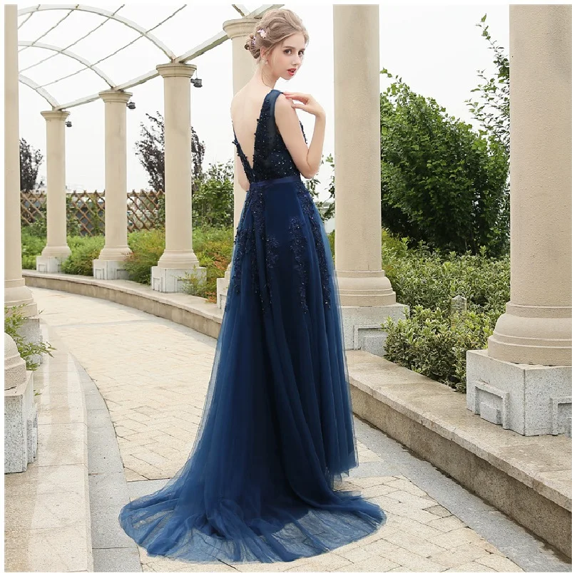 

Prom Dresses Long 2021 Elegant Long V-neck Tulle Lace Applique Sleeveless A-line Hot Selling Vestidos De Graduacion