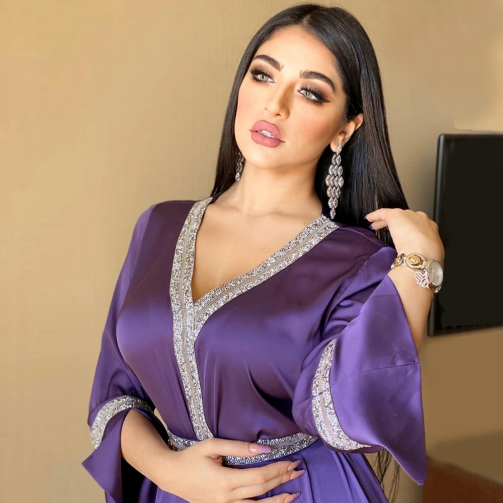 

Satin Maxi Dress For Women Turkey Arabic Diamond V Neck Long Sleeve Jalabiya Muslim Islamic Ethnic Abaya 2020 Fall New