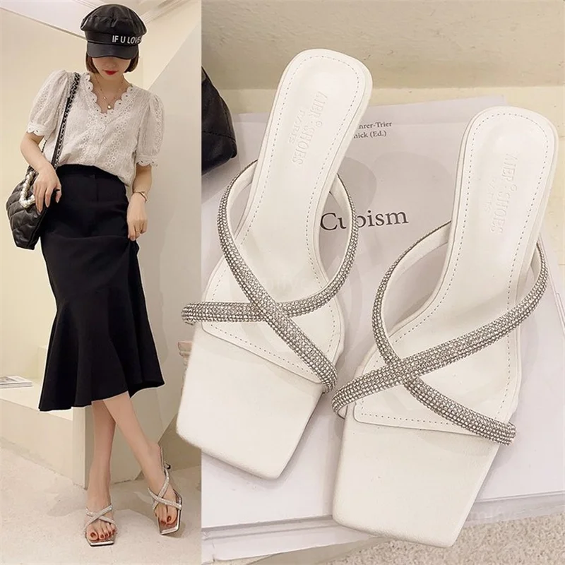

2021 spring and summer new fairy style square head cross-word with rhinestone fashion sandals and slippers female stiletto shoes