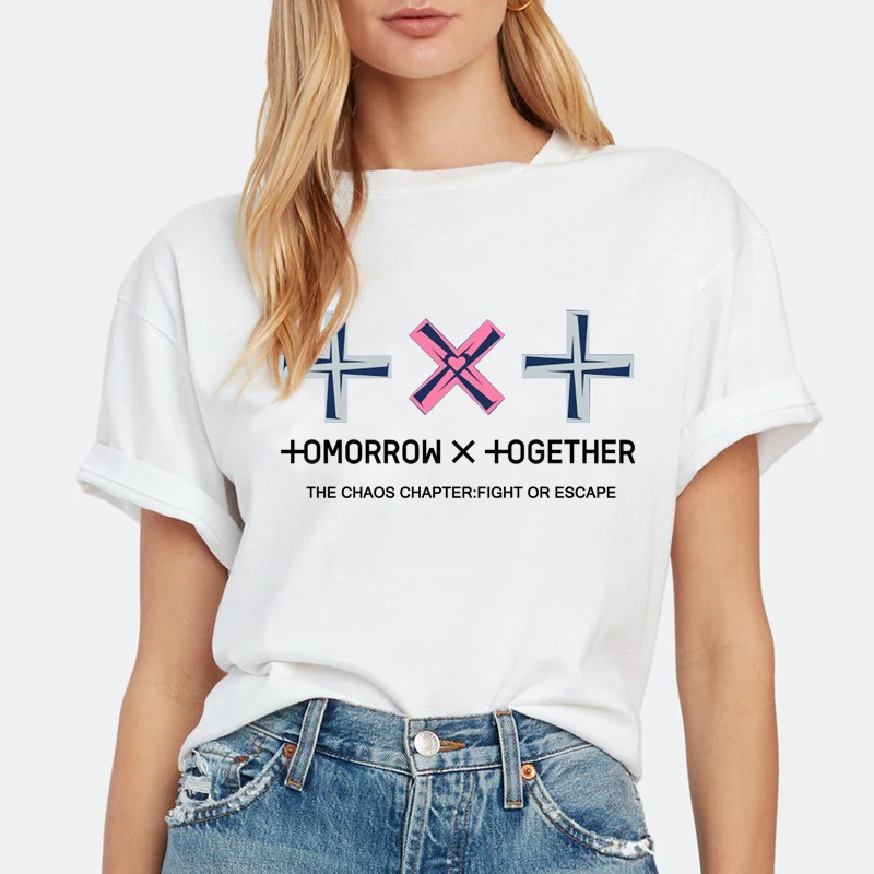 

KpopTXT The Chaos Chapter Fight or Escape T Shirt Casual Harajuku Graphic Tops Kawaii Short Sleeves Yollow Tee cotton women tops