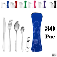 30pcs set dinnerware portable printed stainless steel spoon fork steak knife spoon straw set travel cutlery tableware with bag