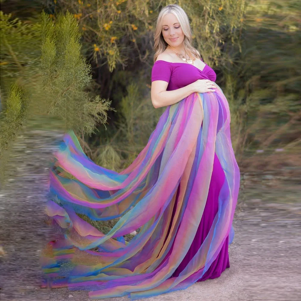 Enlarge Dress for Baby Shower Pregnancy Dress  Maternity Photo Shoot Summer  Half Grossesse Vestidos Tulle Flowy Purple V-neck Gradient