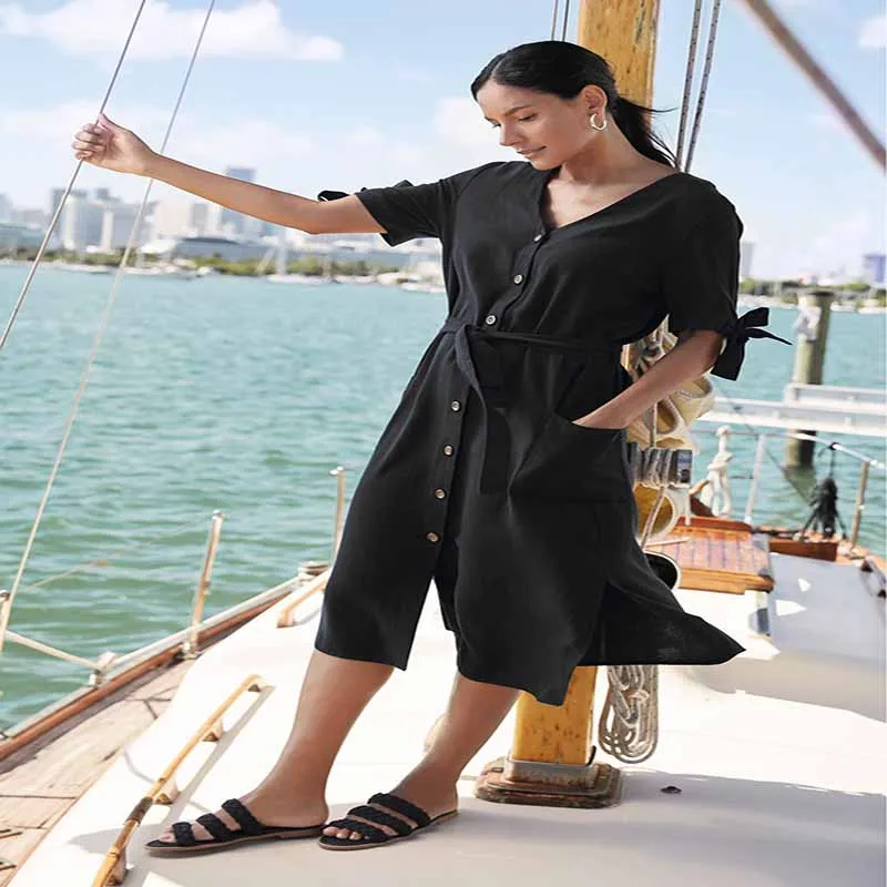 New Multi-Button Design Seaside Resort Beach Dress V-Neck Cotton Female Solid Swimwear Cardigan Bikini Cover Up Mid Dresses
