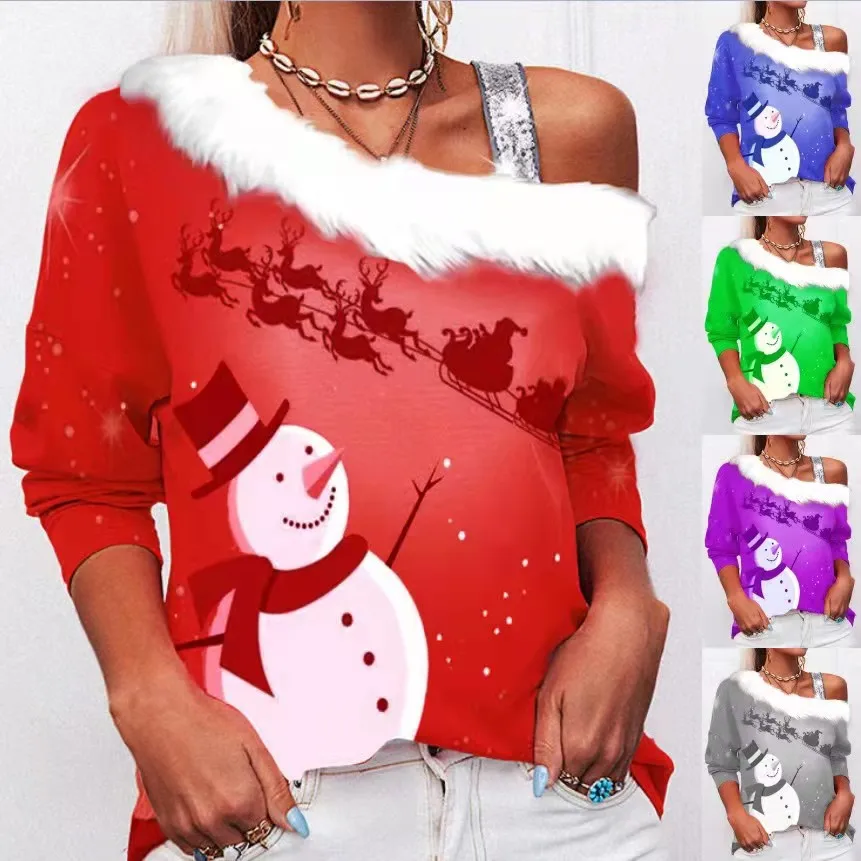 

Sexy Beauty Long Sleeve Hair Neck Strap Snowman Christmas Print T-shirt
