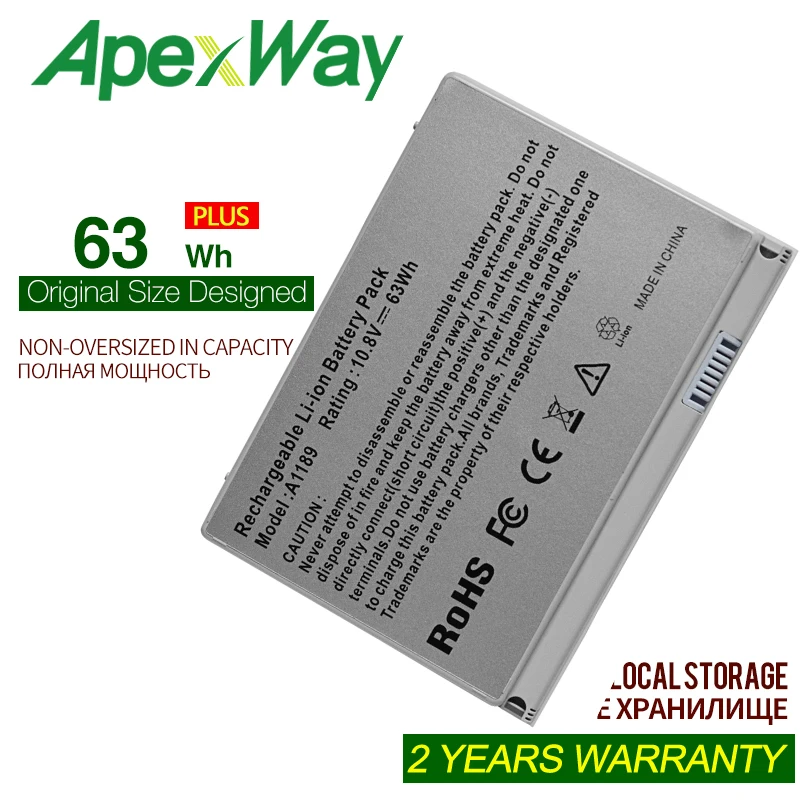 ApexWay 11.1v 63WH Replacement Laptop Battery For APPLE MacBook Pro 17&quot A1151 A1229 MA897*/A MB166*/A MA092 MA611 A1189 MA458 |