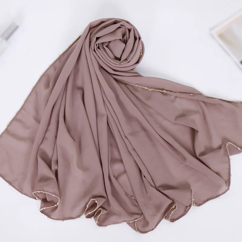 

180*70cm Muslim Women Plain Bubble Chiffon Hijab scarf Chain Pearls Islamic Shawl Malaysia Hijab Femme Musulman Arab Wrap