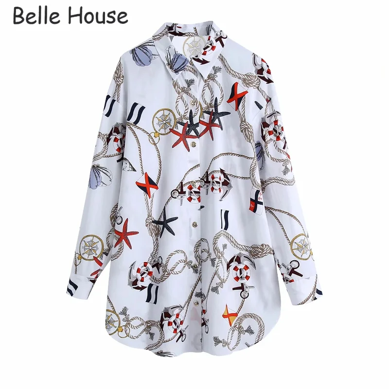 

Women 2021 Vintage Fashion Oversized Printed Button Blouses Turndown Collar Long Sleeve Side Vents Female Chic Shirts BHN2065