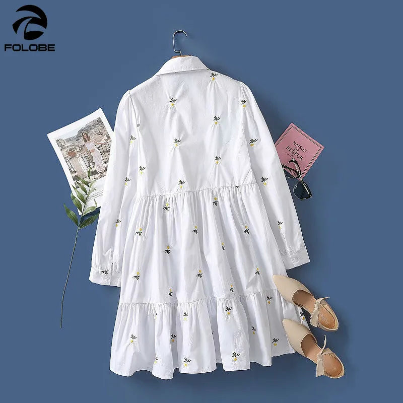 

FOLOBE 2021 New Spring Mini Shirt Dresses Women Long Sleeve Embroidery Casual Turn Down Collar Button Loose Sweet Mini Dresses
