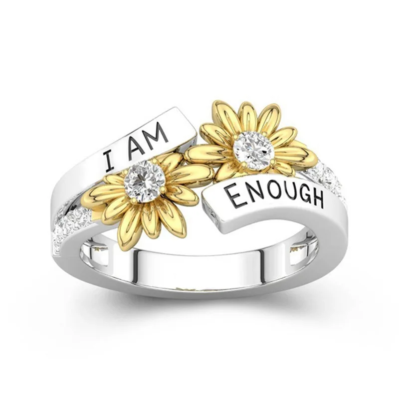

"I AM ENOUGH"Letter Engraved Punk Vintage Silver Color Sunflower Crystal Zircon Ring For Girls Gothic Fashion Women Boho Jewelry