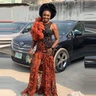 Шикарные кружевные вечерние платья, тюлевые пышные прозрачные платья в пол с разрезом спереди и бисером, для выпускного вечера Aso Ebi