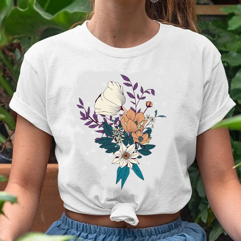 

Women Graphic Floral Flower Short Sleeve Fashion Watercolor 90s Spring Summer Print Female Tshirt Lady Clothes Tops Tees T-Shirt