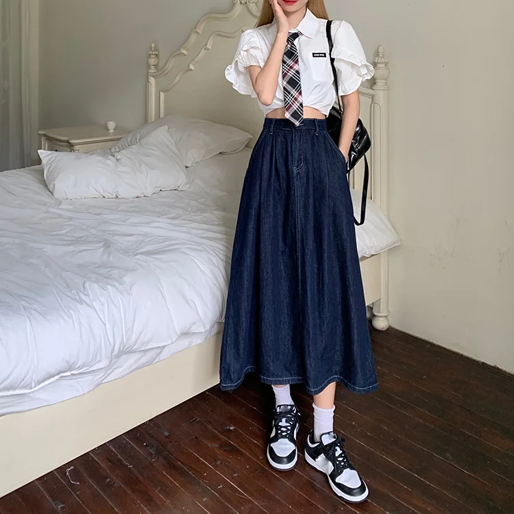 Женская джинсовая юбка средней длины летняя трапециевидная с высокой талией и