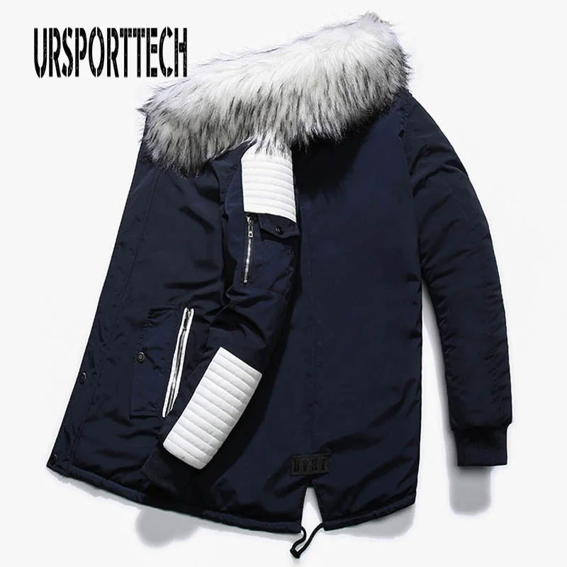 Брендовая зимняя мужская куртка с большим белым меховым воротником и капюшоном