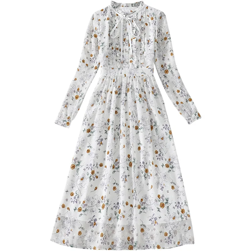 

Spring Women's Dress New Long Sleeve Chiffon Floral Vintage One-piece Dress SIKEYO 027
