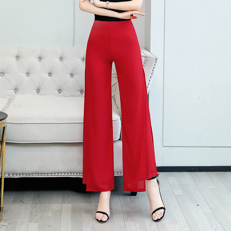 

Spring Summer Solid Casual Woman's Wide Leg Pants Female High Waist Loose Chiffon Trousers Slit Full Length for Ladies