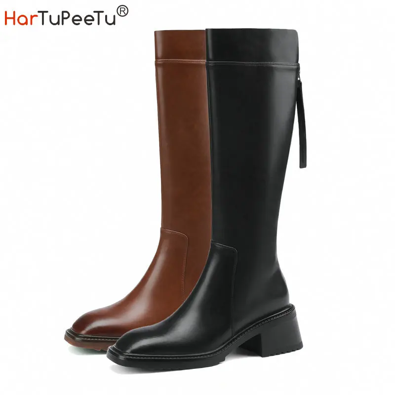 

Women Chunky Knee High Booties with Cutout Block Heel Genuine Leather Retro Concise Riding Boots Autumn Winter Zip Shoes