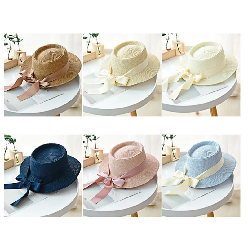 

2021 New Summer Sun Hats Women Fashion Girl Straw Hat Ribbon Bow Beach Cap Casual Straw Flat Top Panama Caps Bone Feminino