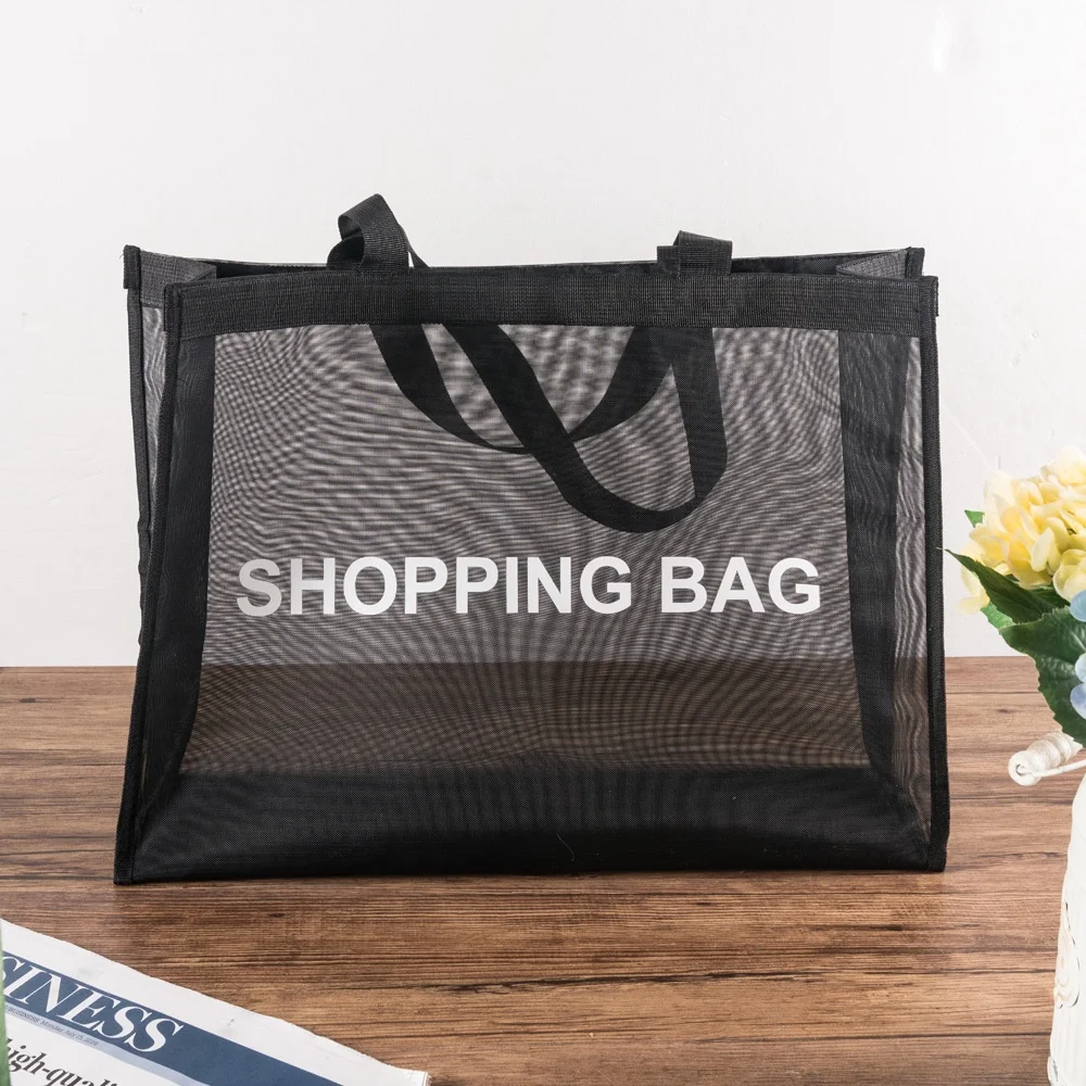 1 Pcs Black Canvas Mesh Tote Shopping Bag Women Shoulder Net Woven Hollow Totebag Student Bags Large Capacity