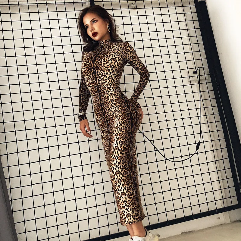 

Leopard Print Long Sleeves Bodycon Maxi Dress New Autumn Hot Style Model European And American Woman Outfits