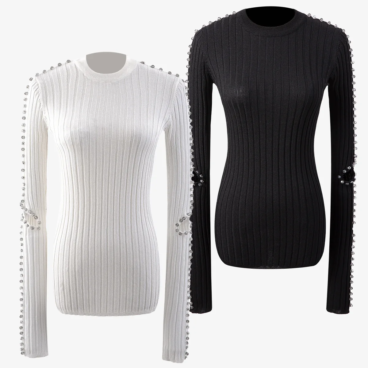 

Winter New Stylish Personalized Knitting Tops Slim Round Neck Beading Long Sleeve Hollow Pullover Sweater Ee31