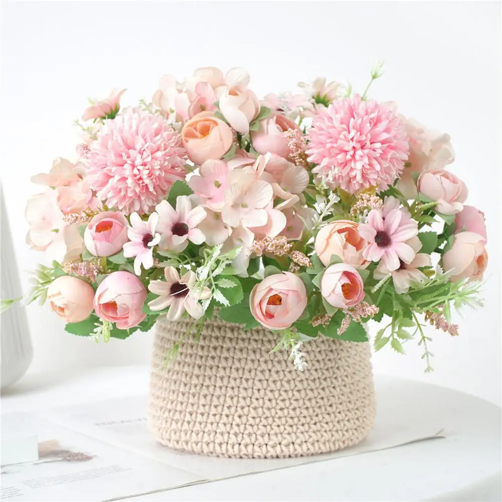 

1pcs mixed flower beautiful peony artificial flower hydrangea silk fake bouquet for home wedding decoration DIY dandelion foam