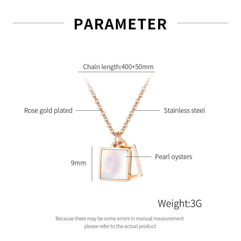 

Cyue European Fashion 316L Stainless Steel Rose Square shell Charm Pendant Necklace Chain For Women Girl Jewelry Gift