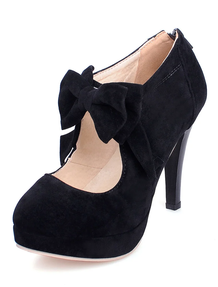 

Black High Heels Suede Platform Round Toe Mary Jane Bow-Adorned Shoes