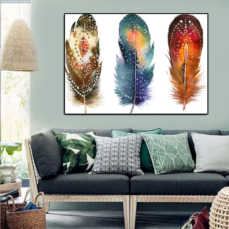 Современные настенные картины с акварельными перьями для декора комнаты холст
