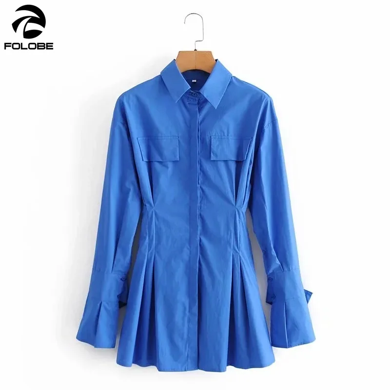 

FOLOBE 2021 Spring Autumn Fashion Shirt Dresses Women Stand Collar Flare Sleeve Pockets Slim A-line Mini Dresses Female