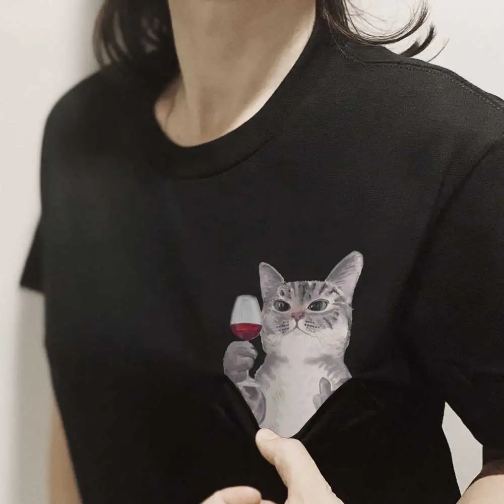 Cotton T-Shirt Fashion Brand New Pocket Cat Middle Finger 3D Print T-shirt Men's Shirts Hip Hop Black Tops Funny Harajuku Tees