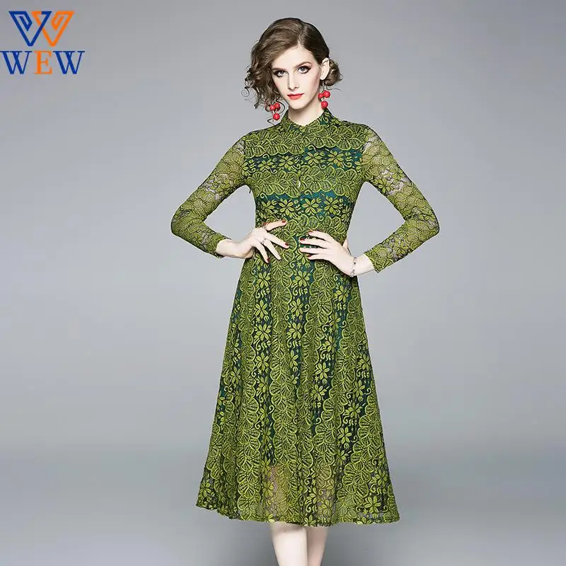 

vintage clothes midi dress A line O neck button full sleeves print clothes dress fashion elegant office work party dress