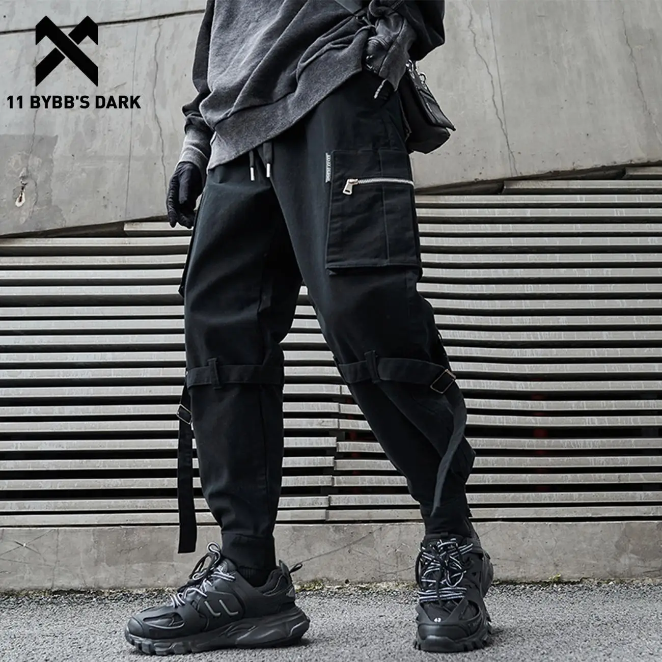 

11 BYBB'S DARK Techwear Hip Hop Cargo Pants Mens Streetwear Zipper Pockets Ribbons Joggers Men Trousers Pants Elastic Waist