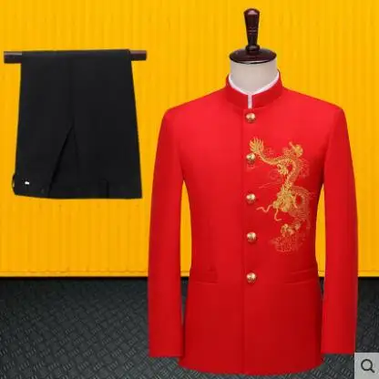 Red blazer men Chinese tunic suit set with pants Embroidered dragon formal dress mens wedding suits singer stage clothing