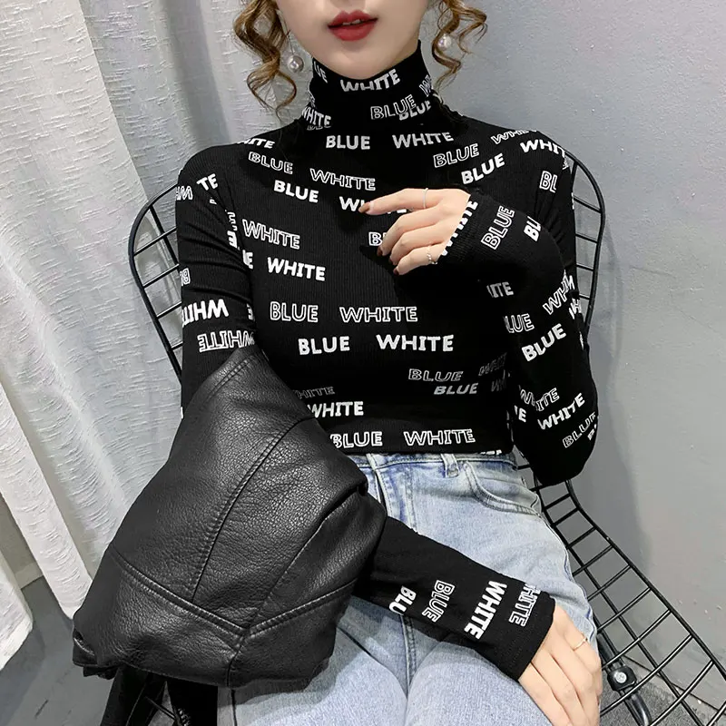 

Brushed Cotton T-Shirt Sexy Print Letters Women Tops Long Sleeve All Match Tees New 대한민국 European Style