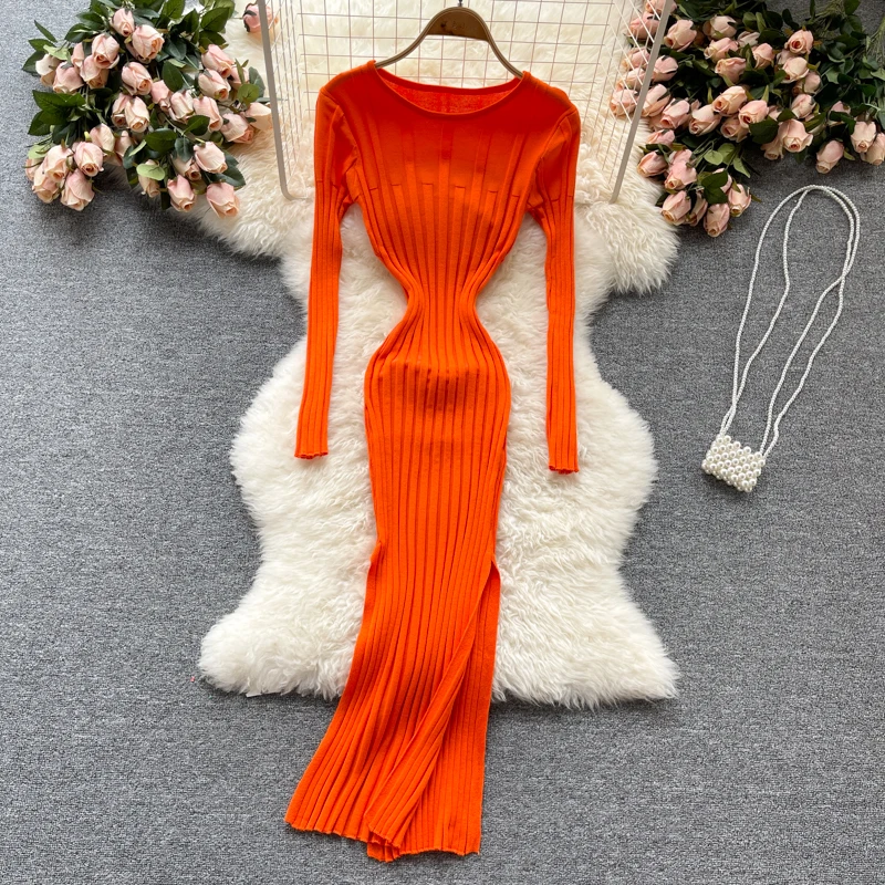 

Women Korean Knitted Dress Elegant Long Sleeve O Neck Elastic Slim Pencil Dresses 2021 Autumn Sexy Bodycon Split Sweater Dress