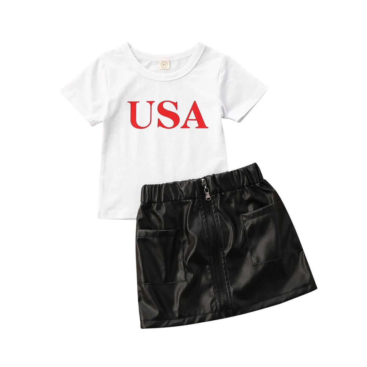 

Baby Girls Clothes Set Letter Print Short Sleeve T-Shirt + Zipper Short Skirt Suit Cool Style Set