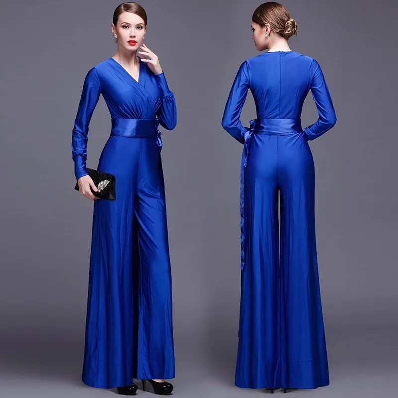 

Fashion Women Long Sleeve Sexy V Neck Wide Leg Rompers Belted High Waist Jumpsuits Long Office Ladies Outfits Jumpsuit Big Size