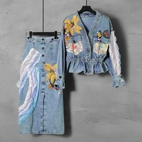 2021 new womens autumn winter denim jacket coat sequined stitching jeans jacket skirt fashion two piece set