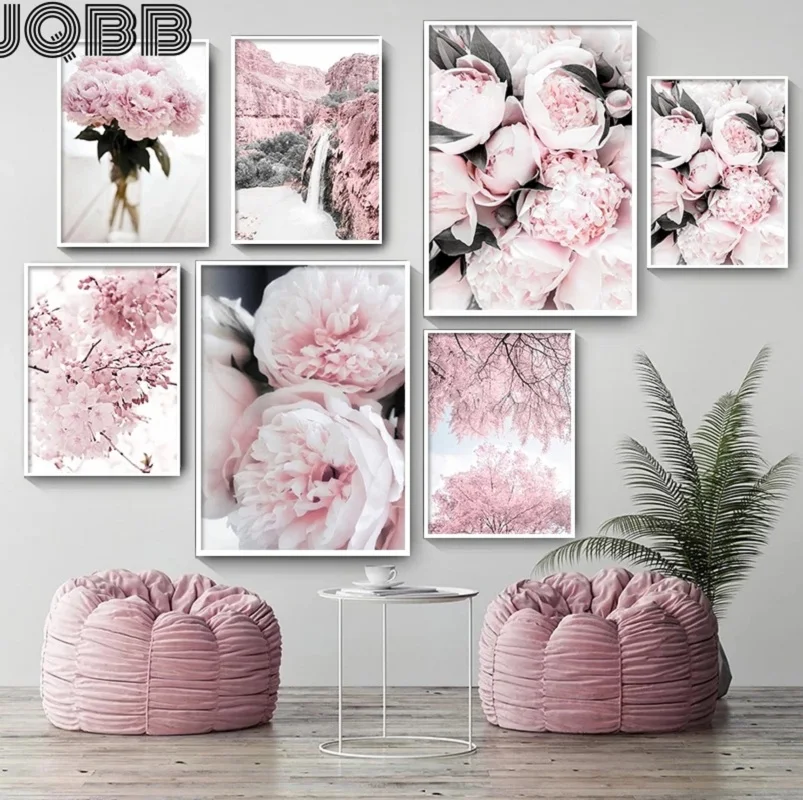 

Peony Cherry Blossom Carnation Flower Mountain Nordic Posters And Prints Wall Art Canvas Painting Wall Pictures For Home Decor