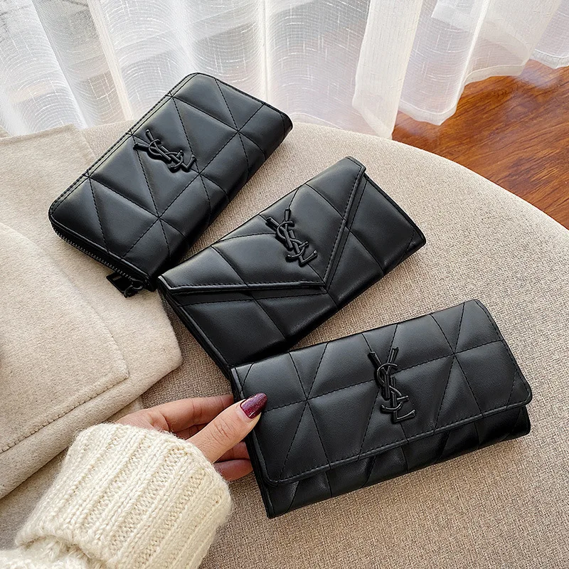 

New European and American long wallet large-capacity square Korean version of the hand-embroidered line three folding wallets